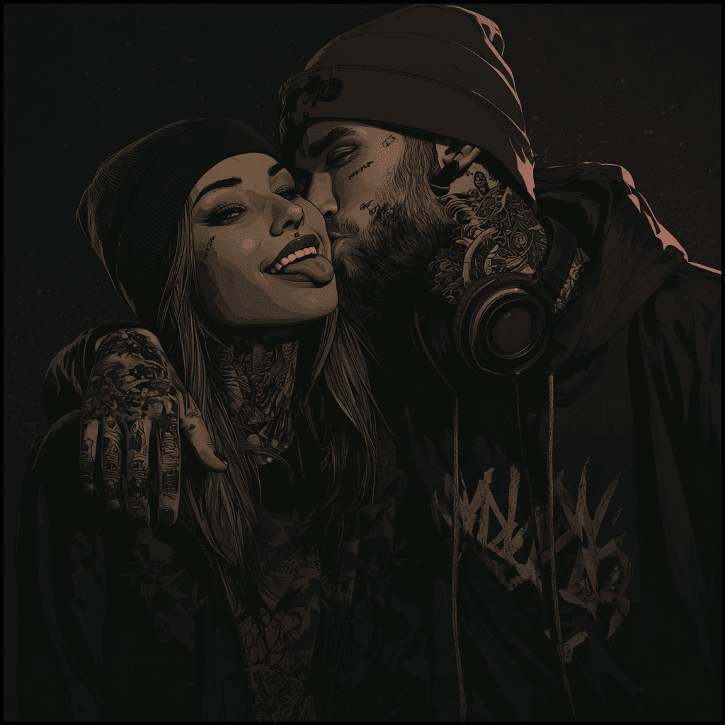 AI generated: Tattooed couple, various posing, colorful, hip-hop style illustration in the style of Lobo & Miechow...