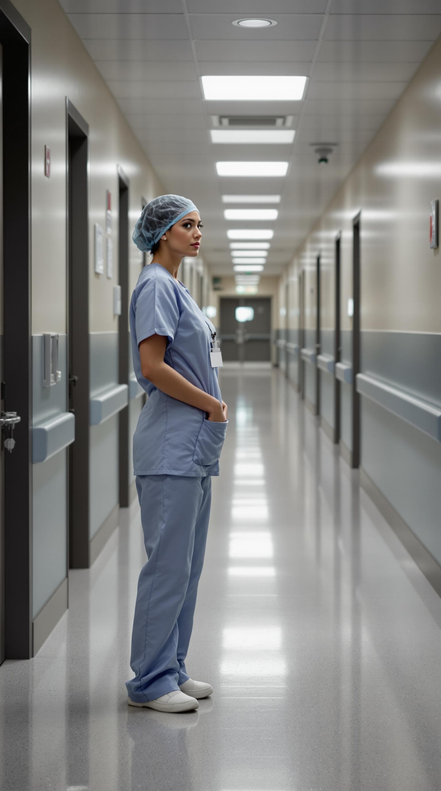 AI generated: a 21 year old female nurse standing in the hospital hallway. head to foot is clearly visible by the ...