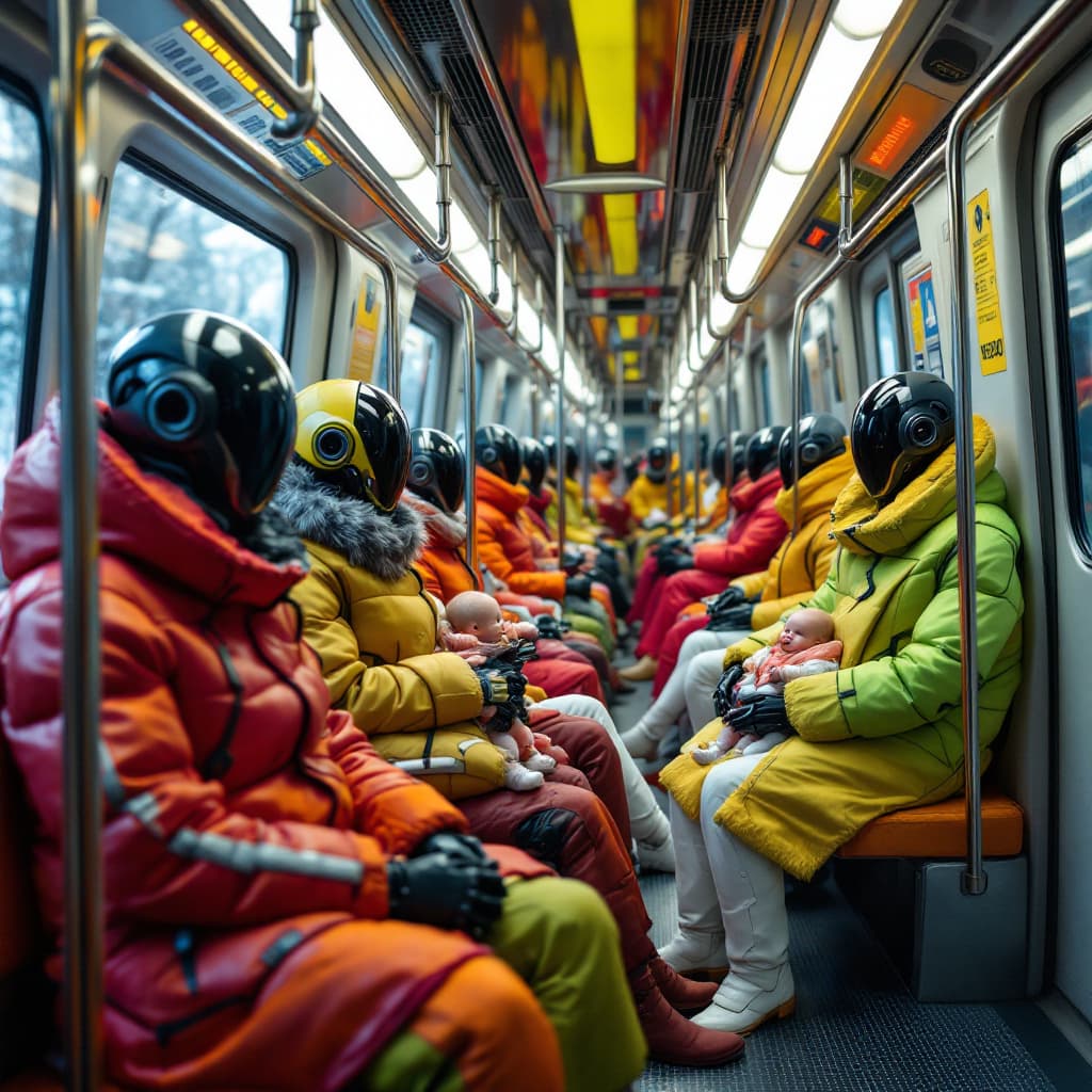 AI generated: Futuristic , highly detailed, A subway car with a very few passengers. the passengers are dressed in...