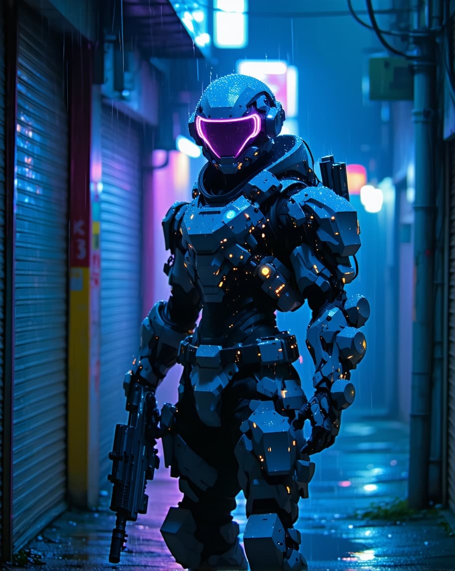 AI generated: A cyberpunk warrior in heavy tactical armor, neon-lit visor glowing ominously. His exosuit is reinfo...