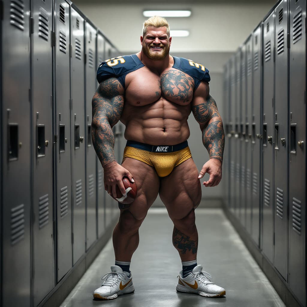 AI generated: Full image, Locker room, gray lockers, tall lean muscular man, lots of tattoos, neat blonde short ha...