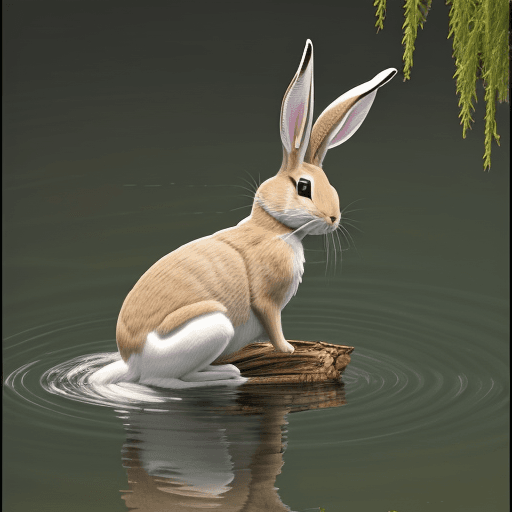 AI generated: a jack rabbit named Sami, stuck on a branch in water. Sami tried to jump across the water but ended ...