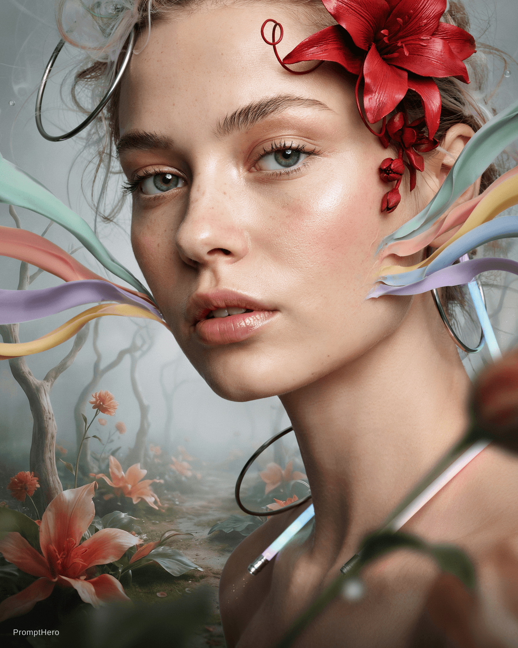 AI generated: editorial photoshoot of a woman's face in a pastel dream , colors flowing from her face wild fashion...