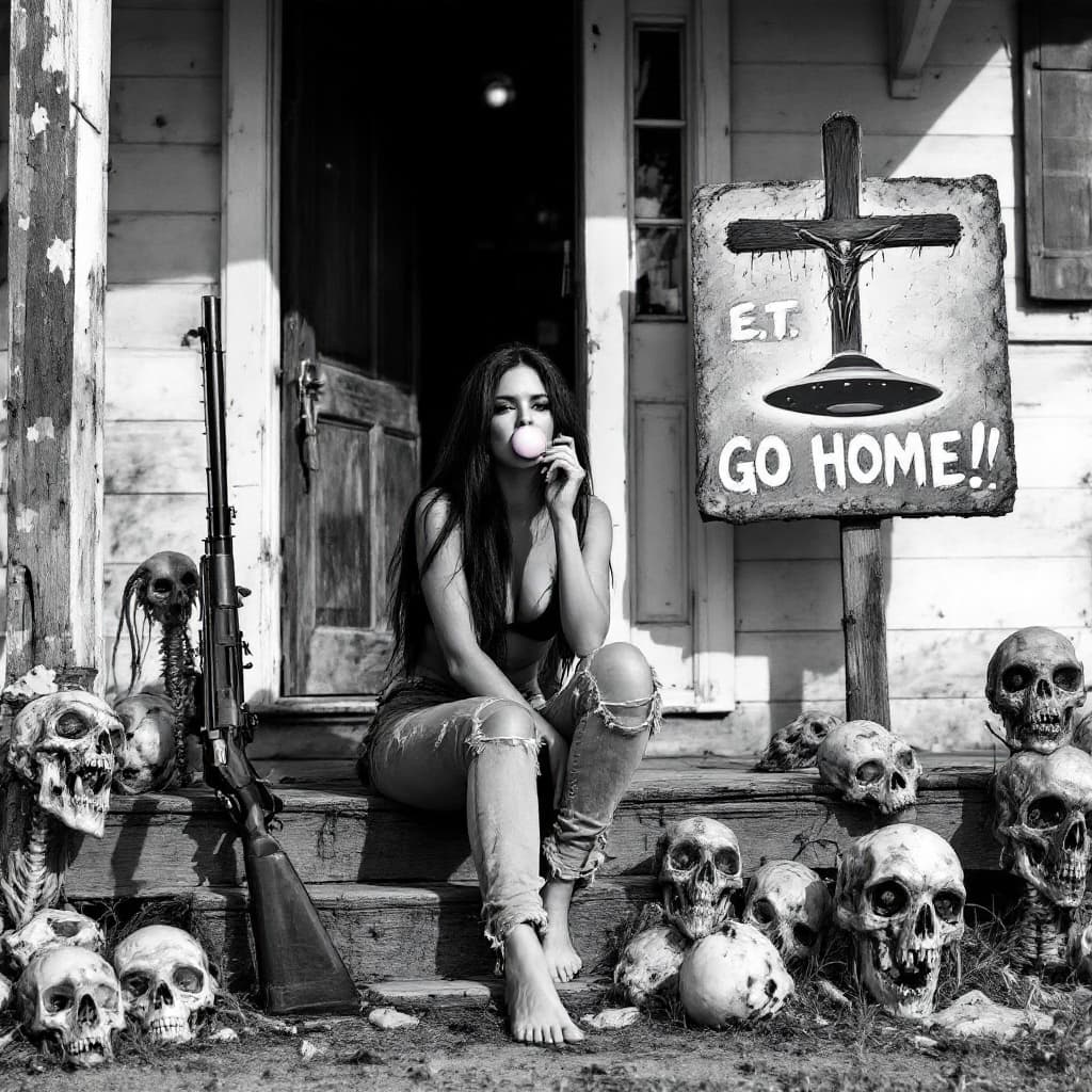 AI generated: full length view of a woman, long black hair, black bra, ripped jeans, barefoot (((shows feet))), si...