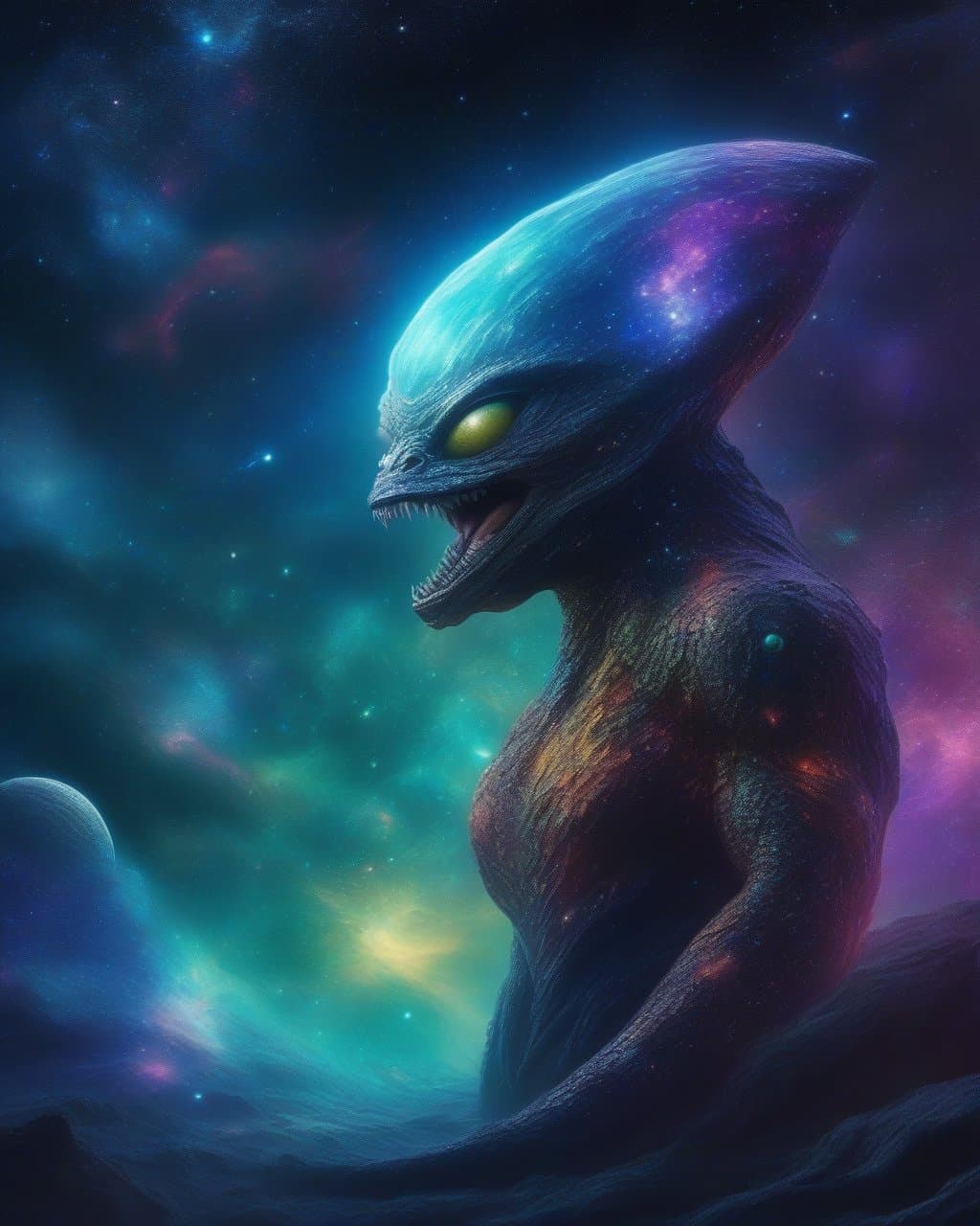 AI generated: creature out of other dimention, galaxy background with little color, behaving like a god, not obser...