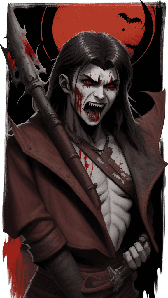 AI generated: a drawing of a vampire with blood covererd fangs, in the style of adventure pulp, dark white and bro...