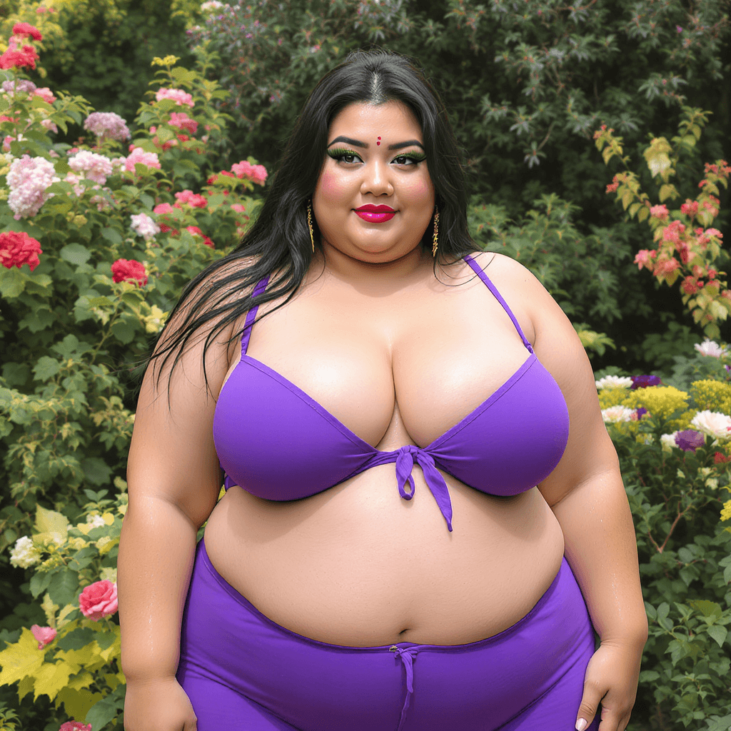 AI generated: A beautiful chubby Asian women with big breasts and purple clothes and wet body beautiful garden and...