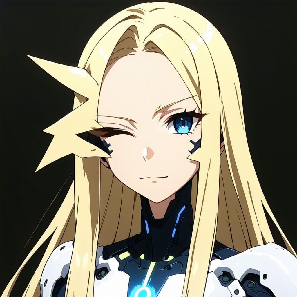AI generated: LouisReZero ru1, blonde hair, absurdly long hair, blue eyes, hair over one eye, sharp teeth, antenna...