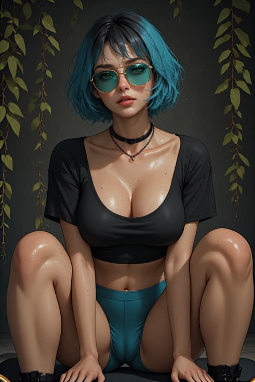 AI generated: A stunning cyberpunk-inspired portrait of a young woman with vibrant teal-blue bob haircut, wearing ...