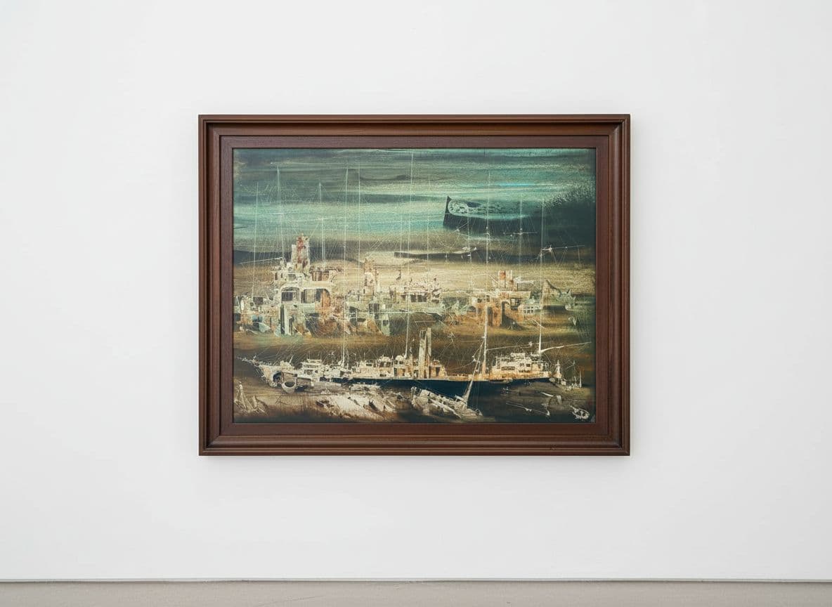 AI generated: make this painting be the center of a close up, horizontal, studio photo in a whitewall gallery sett...