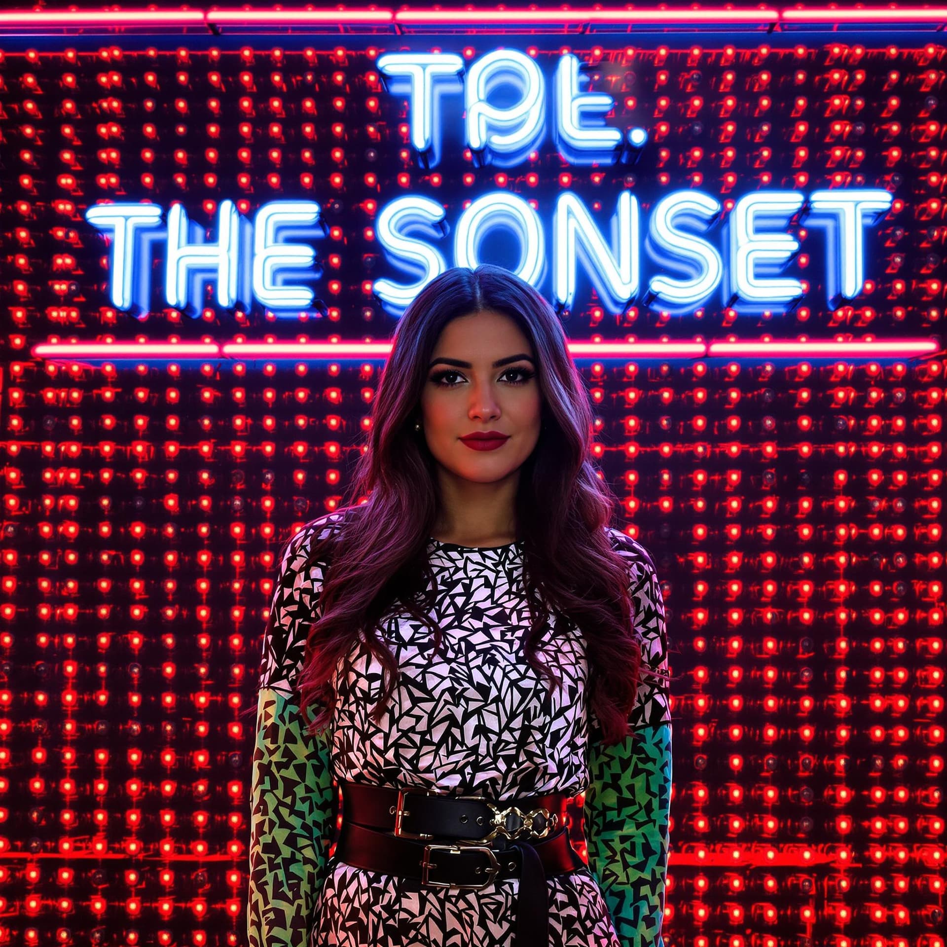 AI generated: a woman stands in front of a neon sign that reads "THE SONSET" in bold white letters. Her long, dark...