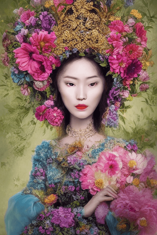 AI generated: a beautiful portrait of an empress in her garden, with a brilliant, impossible striking big flower h...