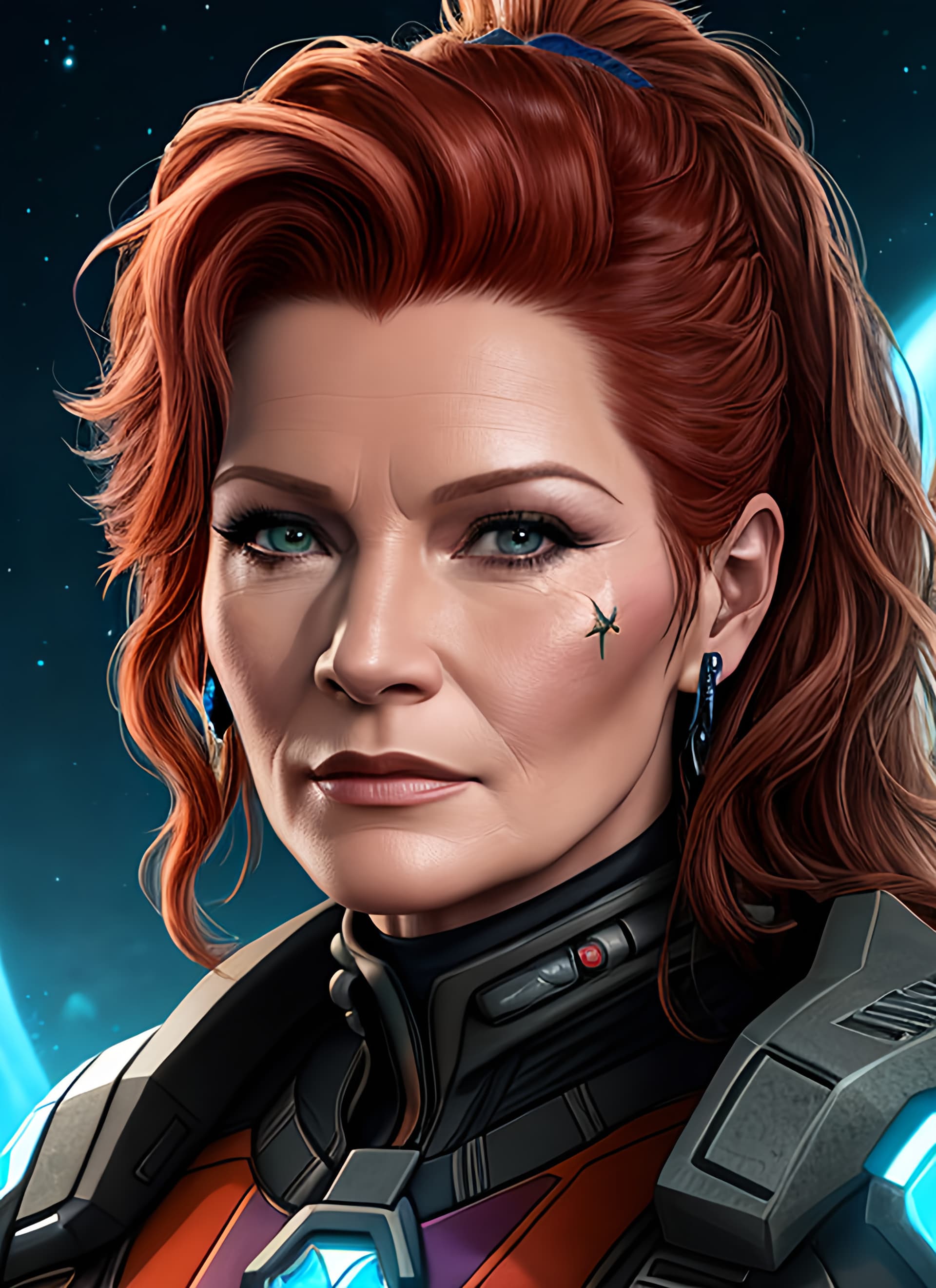 AI generated: A detailed vivid beautiful Digital Art poster portrait of Captain Janeway star trek voyager cyberpun...