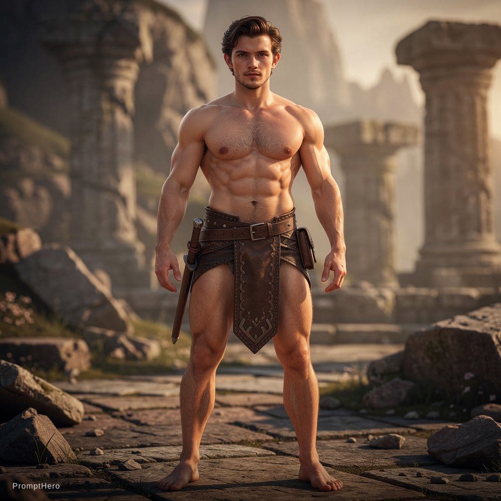AI generated: Tom Holland, caucasian complexion, big muscles and big thighs, dark-brown hair, in his thirties, He ...