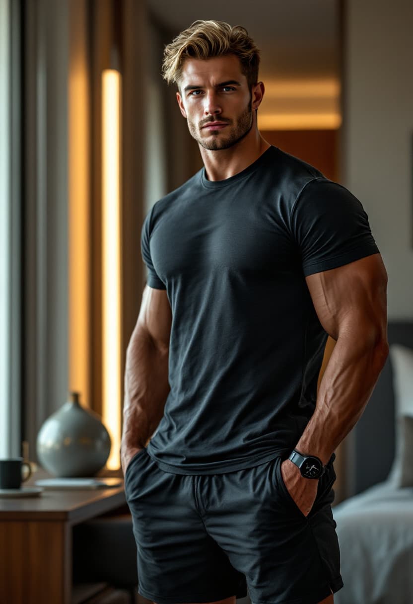 AI generated: high-resolution photo, full body portrait,    muscular male with dark blonde hair, tee-shirt and gym...