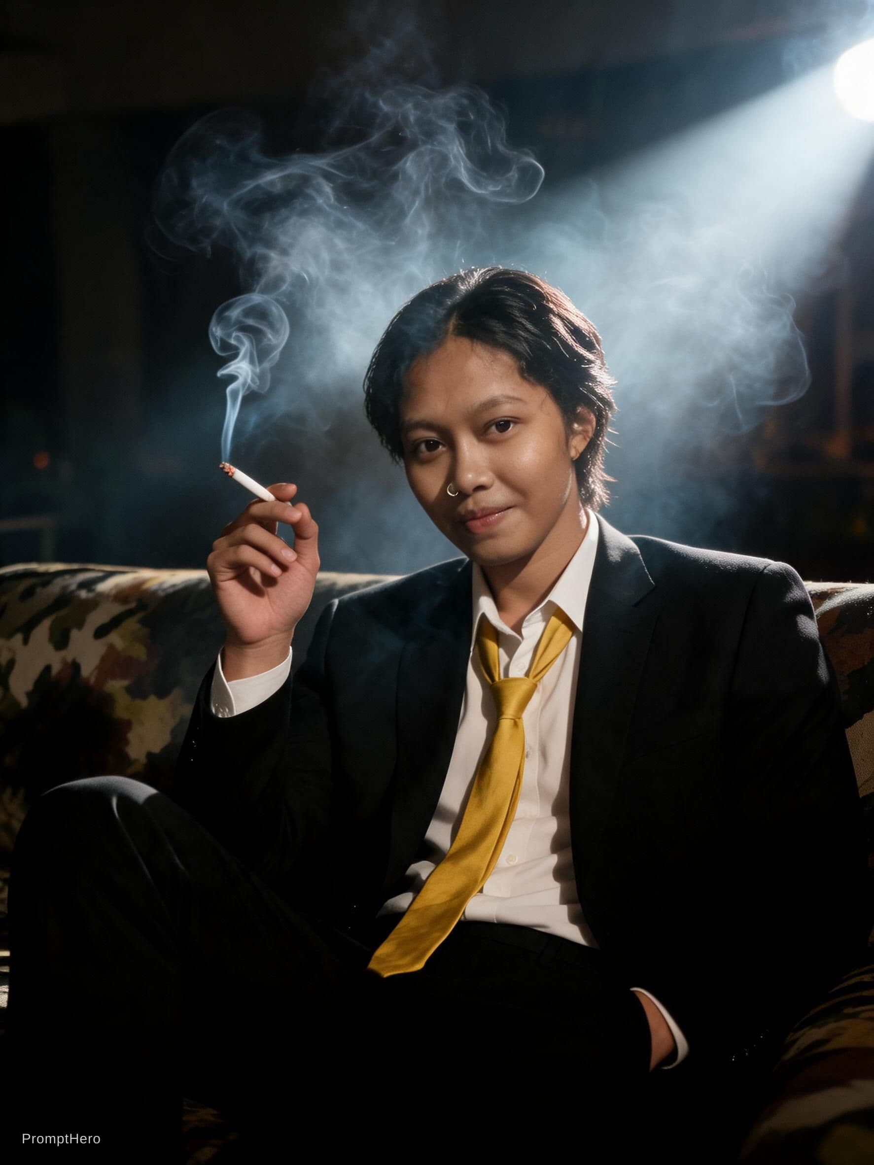 AI generated: photography, cover shoot, dimly lit room with a hazy atmosphere, capturing a professional male model...