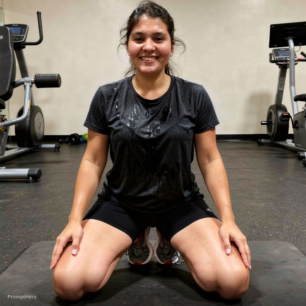 AI generated: Produce a photorealistic, candid, unplanned and sloppy gym photo of a 4'10", average-looking (averag...