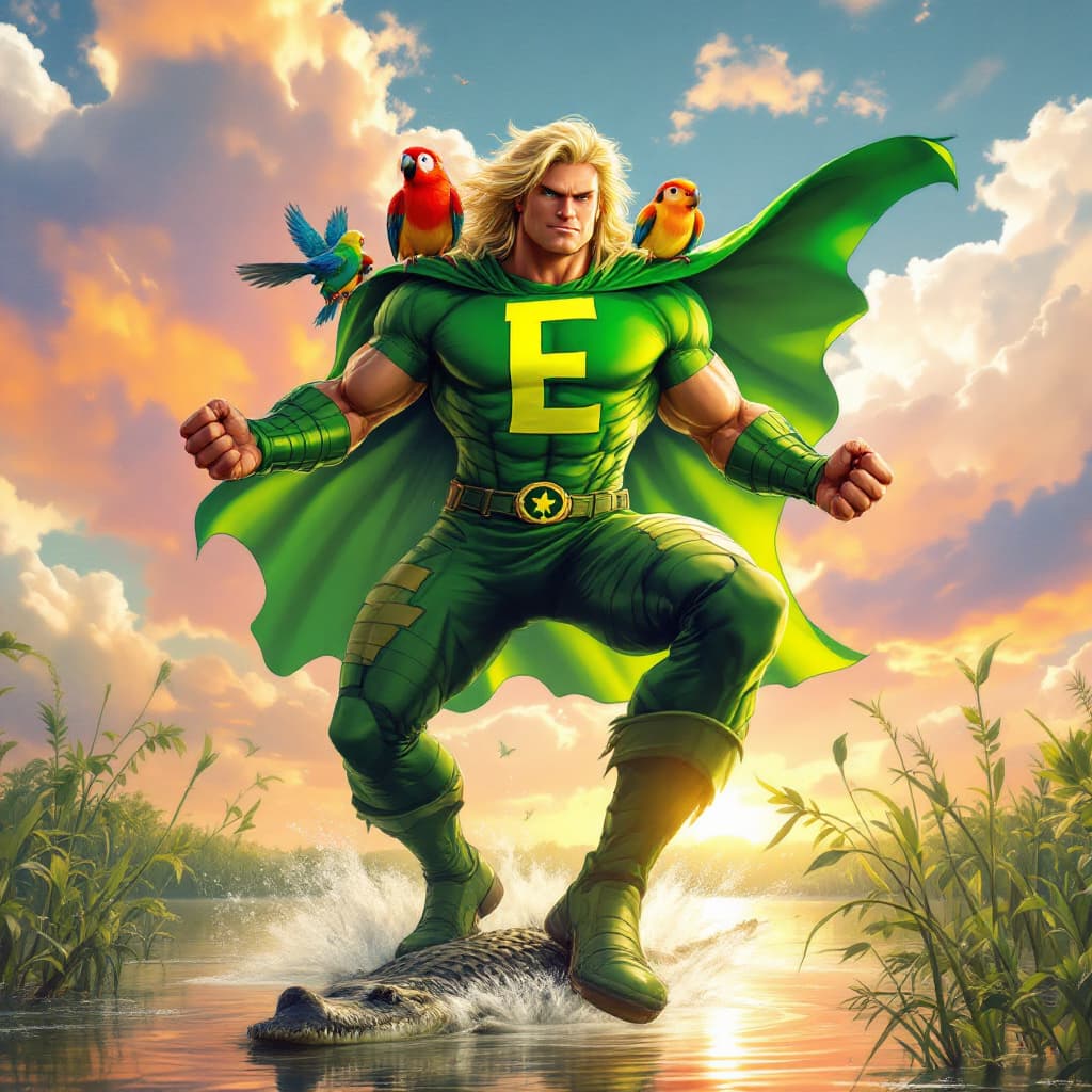 AI generated: A superhero who flies with a green cape, lots of muscles, and big capital letter E on his chest know...