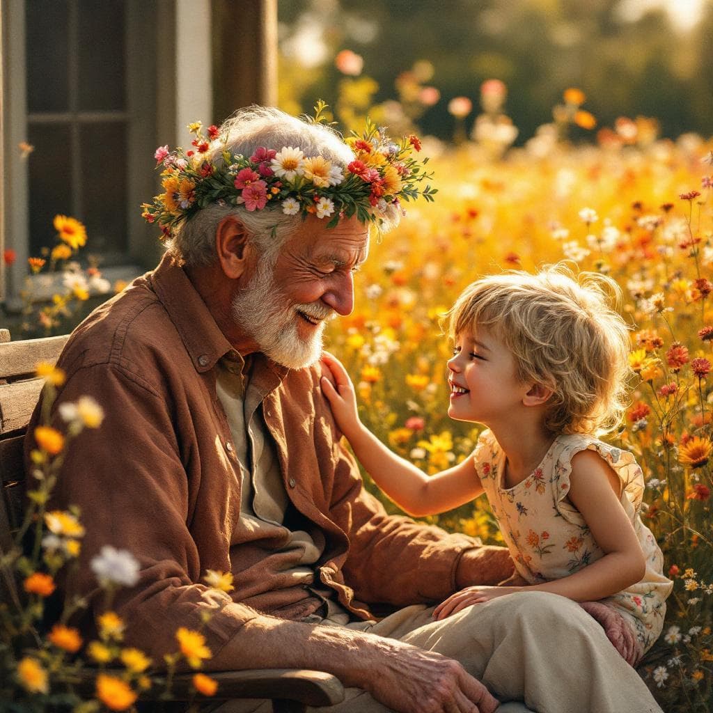 AI generated: A touching scene of a young boy gently placing a crown of wildflowers on his grandfather’s head as t...