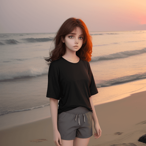 AI generated: a girl wear a black tshirt(OV brand ) and a gray colored shorts of brand name  of OV ,hair color red...