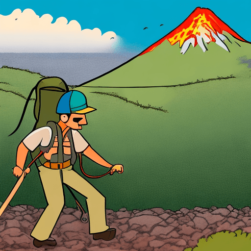 AI generated: Anime / realistic cartoon image of a male geologist doing field work in front of a volcano.

