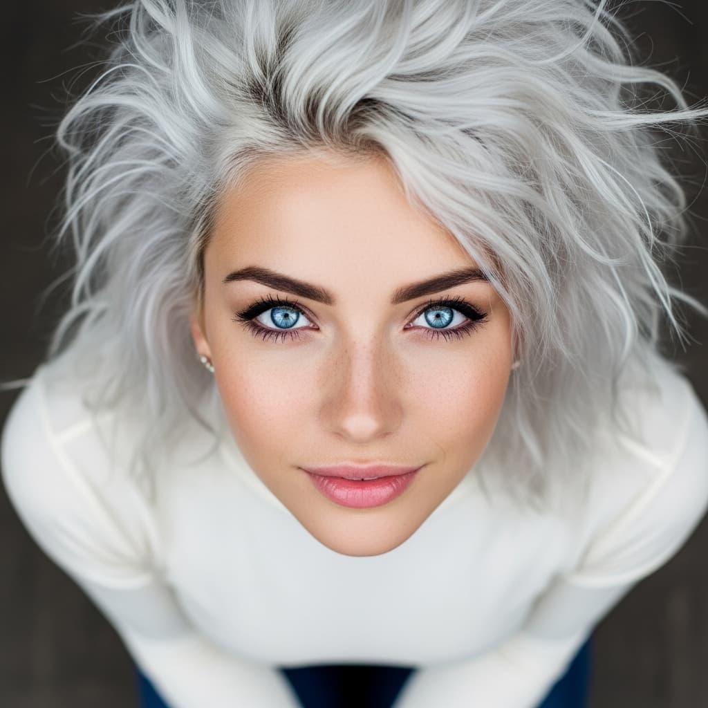 AI generated: i top down view of a beautfiul girl with blue eyes and white messy hair
she is wearing tight clothe...