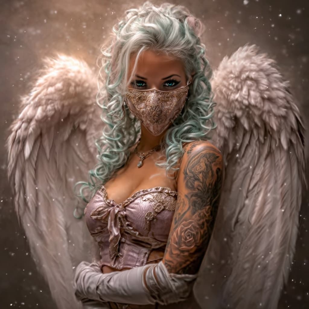 AI generated: gothic angel woman with silver curls, lace mask, white feathered wings, tattooed shoulders, glowing ...