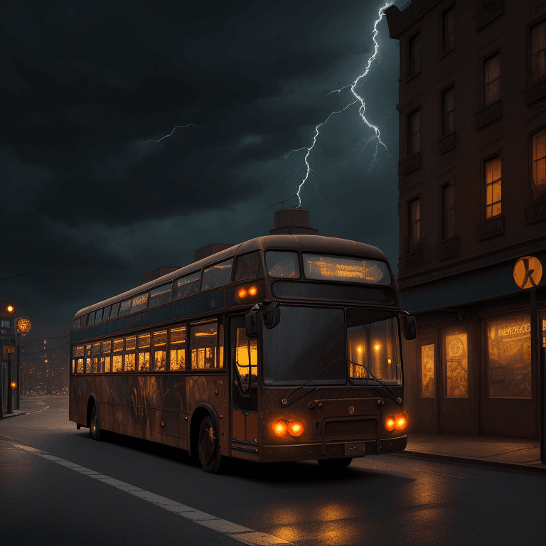 AI generated: far away view a bus parked in the street, angled, lightning night, mysterious, hyperrealism, steampu...