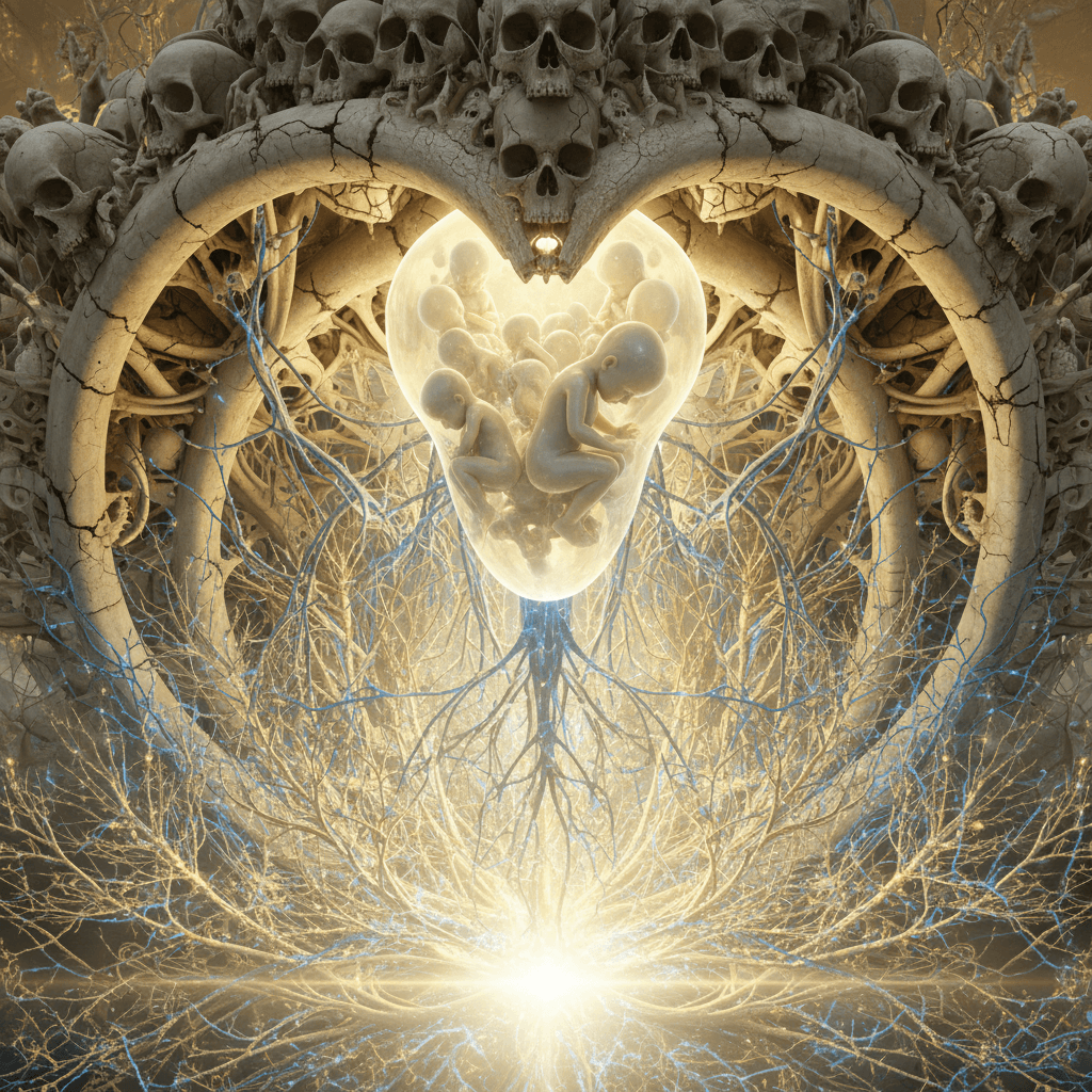 AI generated: A smooth drone shot hovers above collapsed skulls forming a sacred sanctuary. Light pulses from belo...