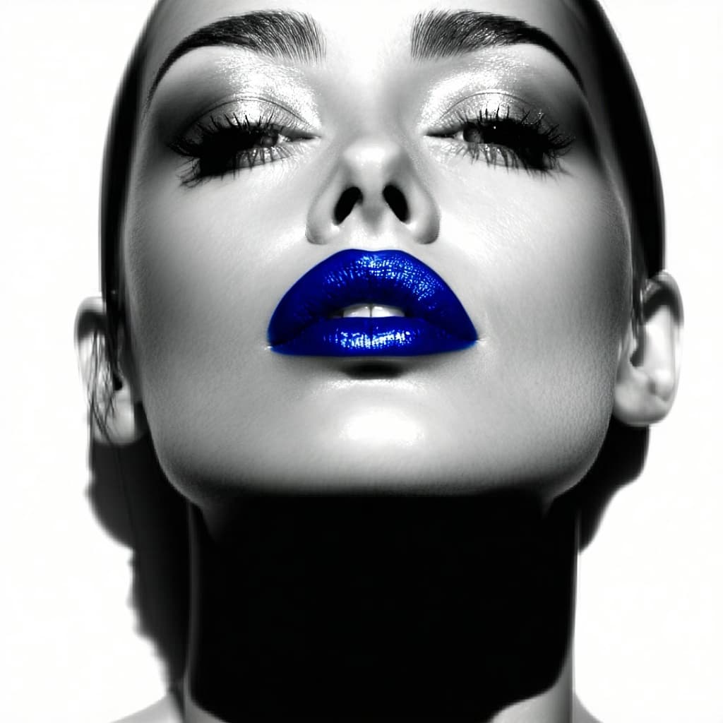 AI generated: High Profile: a black and white photo of a woman with shadow, dark blue lips,  in the style of minim...