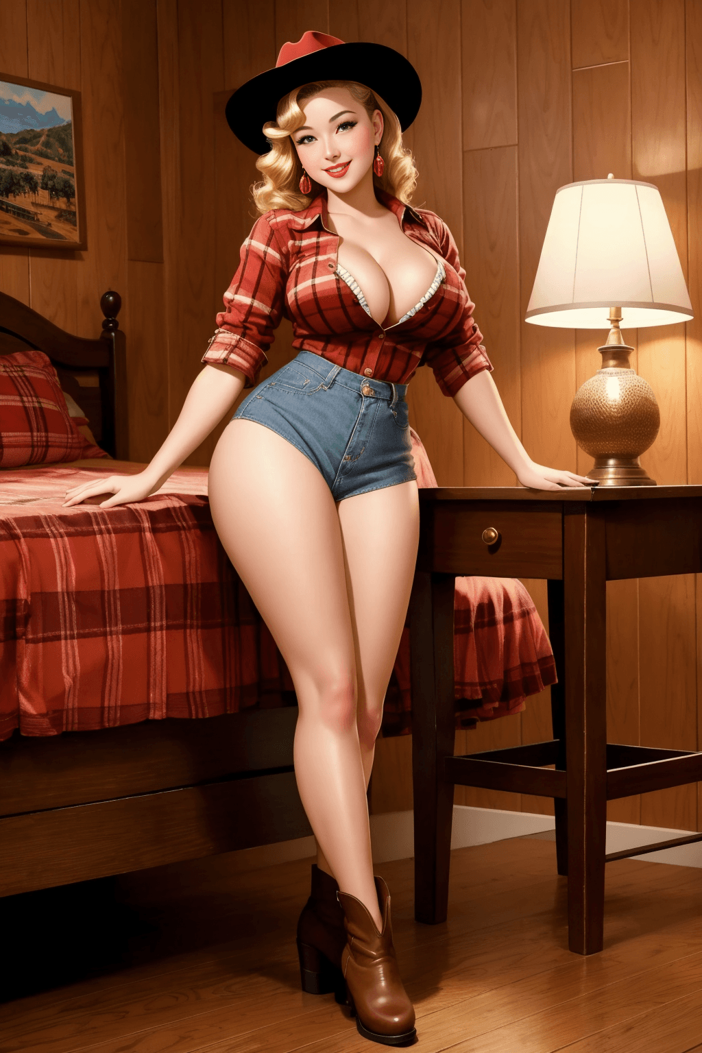 AI generated: nsfw, a 1950 pinup by gil elvgren of a cowgirl riding a wooden horse, full body view, red flannel sh...