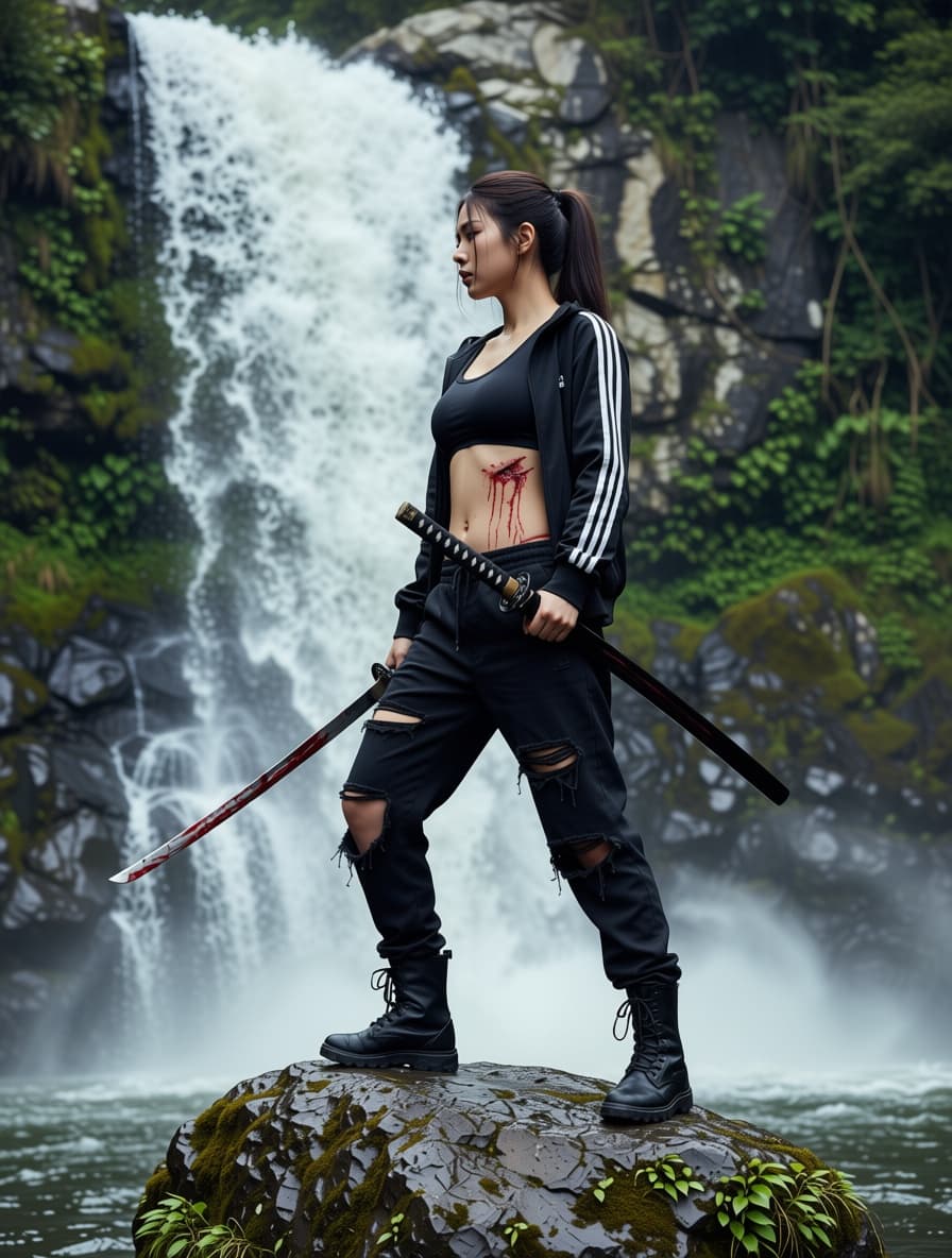 AI generated: Female kuno ichi close up side view, cut and bleeding standing atop a waterfall on a rock, exposed b...