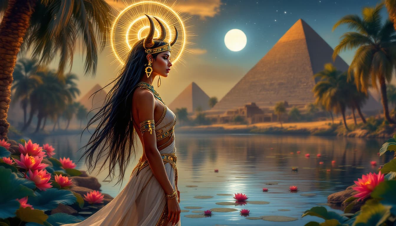 AI generated: Depict Isis, the ancient Egyptian goddess, standing gracefully in a mystical setting by the Nile Riv...