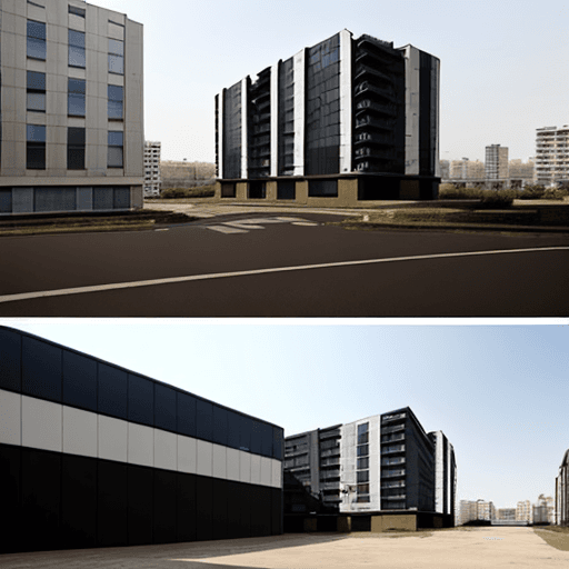AI generated: Two buildings, with an empty site of bare land between them.
