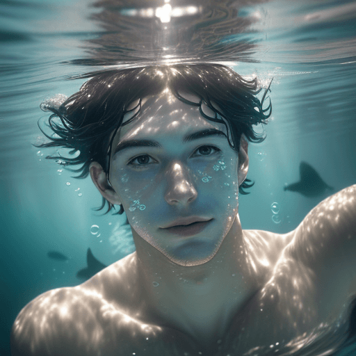 AI generated:  A captivating underwater photograph of a man in mid-twenties swimming gracefully, ultra detailed, s...