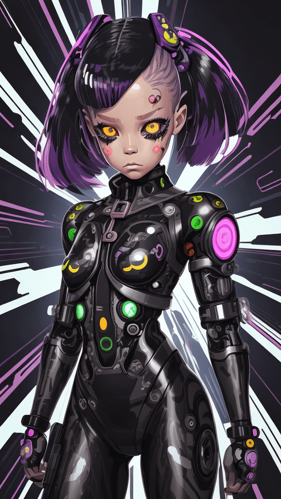 AI generated: in a funky background portrait of little (((((Cyborg female))))):5.5,wear((army attire)):2.2, Cyborg...