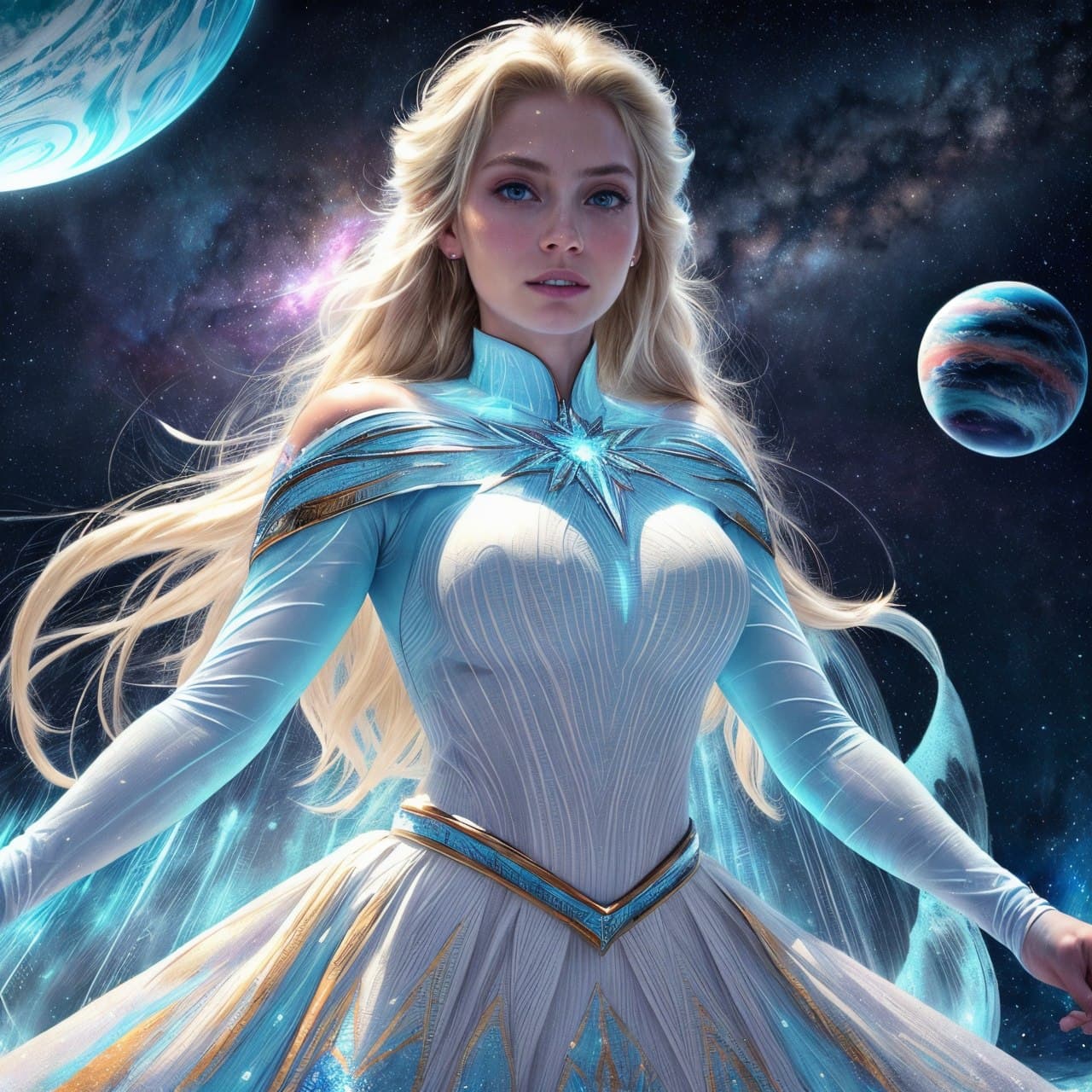 AI generated: Hyper realistic picture of Elsa like a God flying in space with planets floating around Elsa, flying...