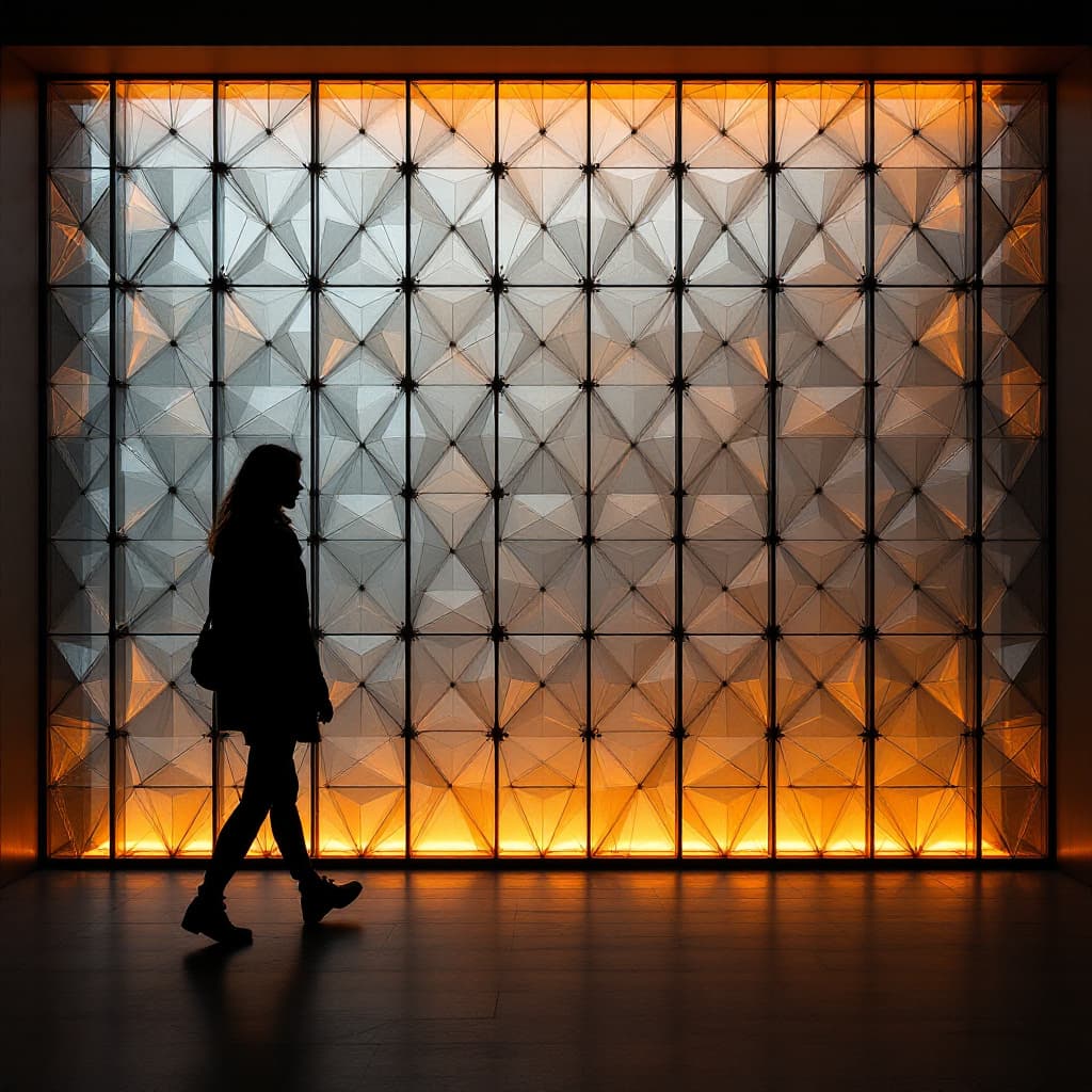 AI generated: photography, triangular pattern translucent glass wall installation with black metal frame grid, war...