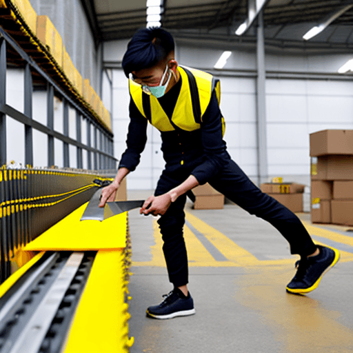 AI generated: a young man, with a short haircut, in a yellow safety vest, at a conveyor, opening a brown box, he i...