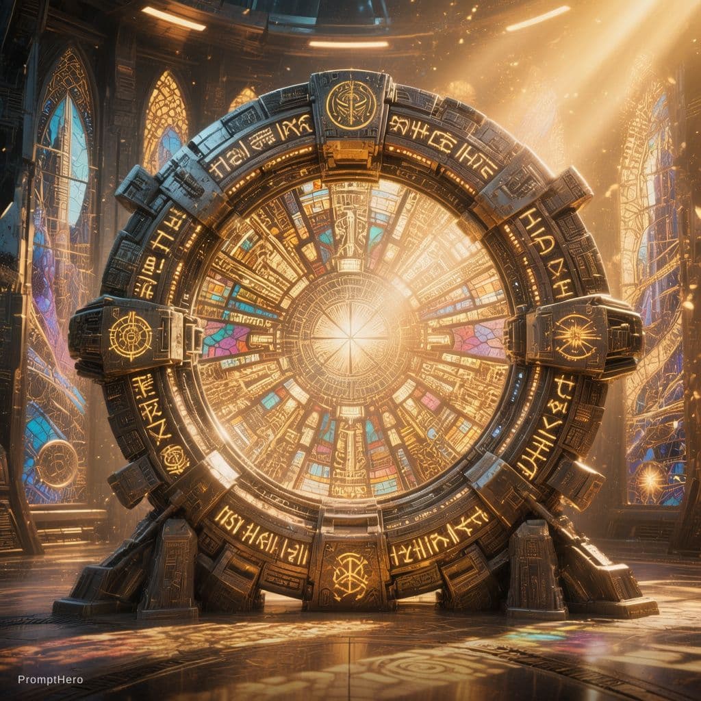 AI generated: A large, circular sci-fi portal ring embedded with glowing glyphs and ancient symbols, standing upri...