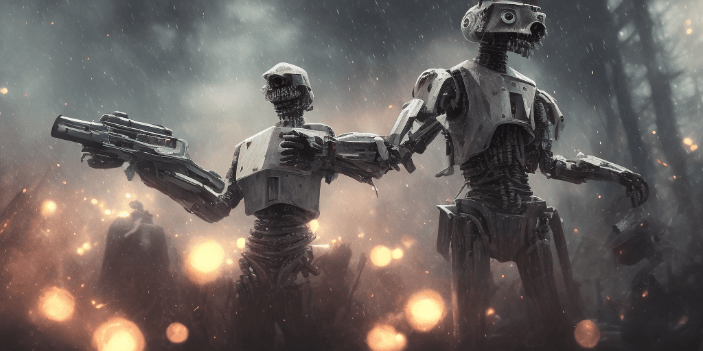 AI generated: Vengeful Zombie Soldier Droid, shooting with his gun with evil smile at camera, frightening, droolin...