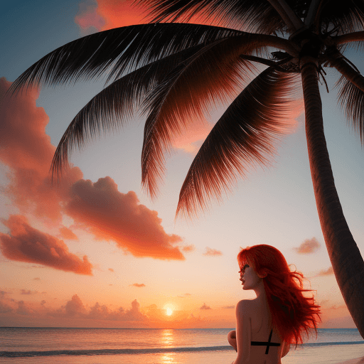 AI generated: girl with red hair on sunset in a beach with coconut trees