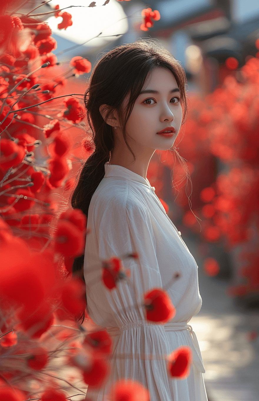 AI generated: girl stands in a street surrounded by red flowers, in the style of chinese cultural themes, romantic...