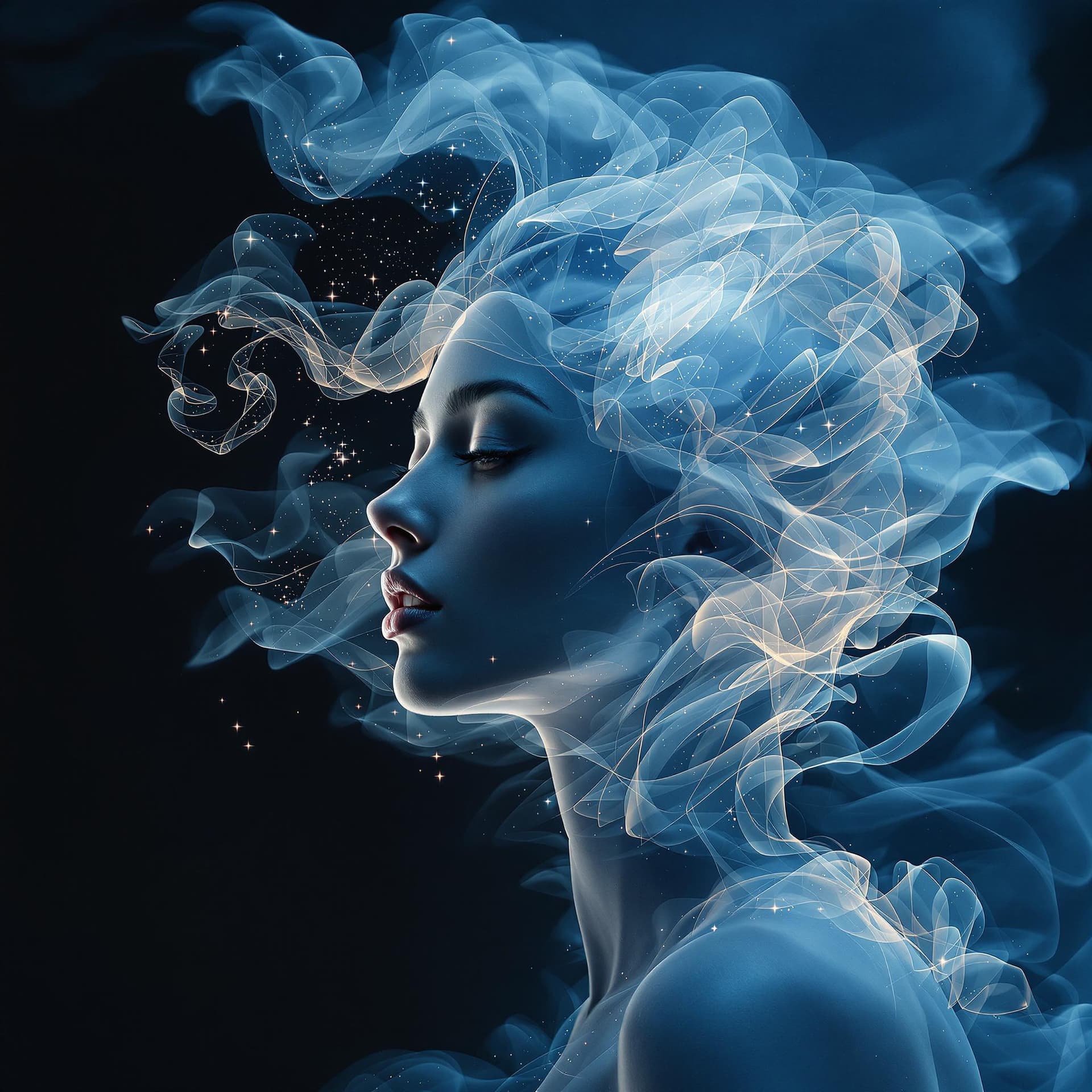 AI generated: surreal semi realistic landscape photograph, cool blue light to dark gradients, muted soft tones, da...