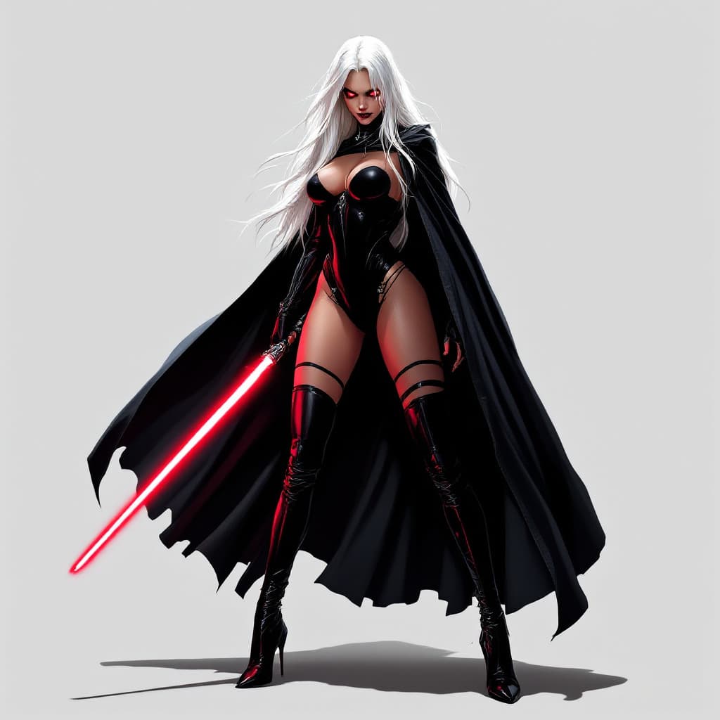 AI generated: Woman, tall, voluptuous, long white hair, Sith lord, one piece black leotard, black stiletto boots u...
