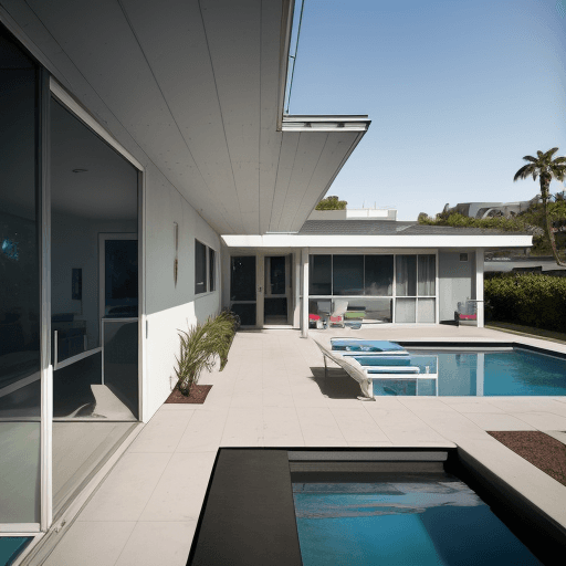 AI generated: Hyper realistic eye level exterior photo of a mid century modern style house overlooking the ocean, ...