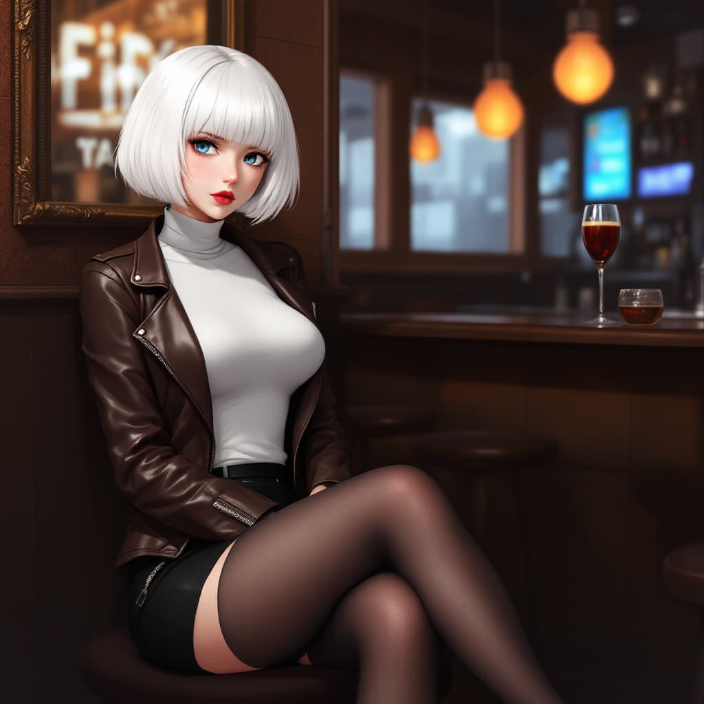 AI generated: anime, woman, white hair, bob cut, blue eyes, freckles, red lips, white turtle neck sweater, tight t...