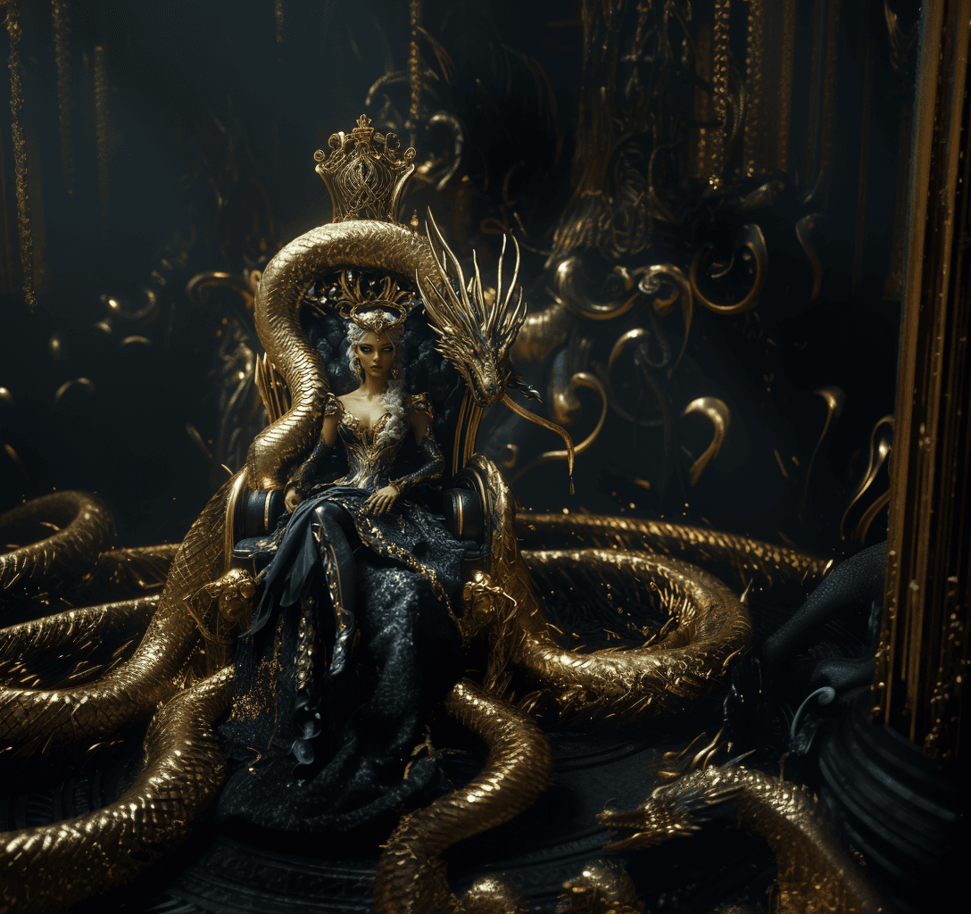 AI generated: 
A very beautiful queen sitting on a black throne made of gold, with a serpent-dragon like elements...