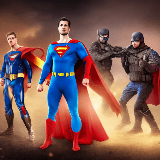 AI generated: High resolution photography of Superheroes fighting against evil soldiers 