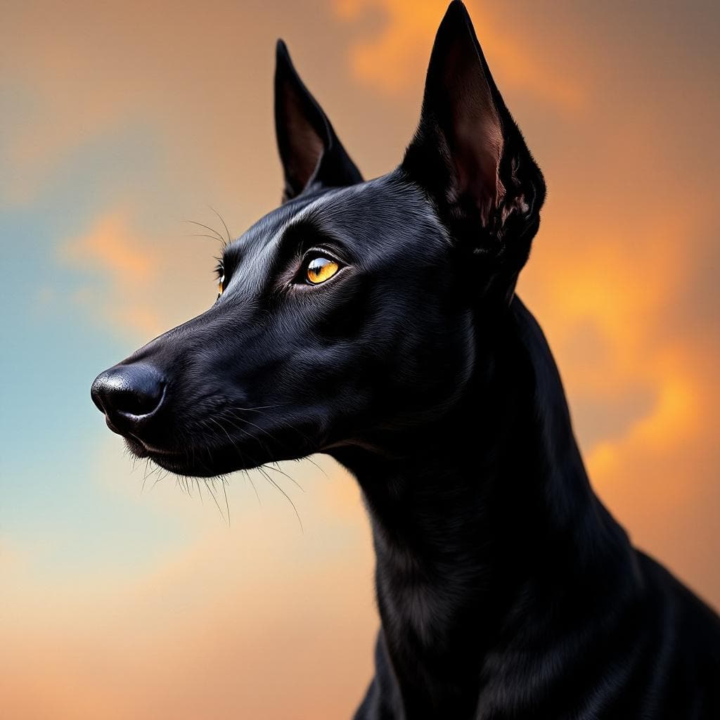 AI generated: A hyper-realistic digital portrait of a sleek, elegant black dog resembling a Pharaoh Hound or Poden...